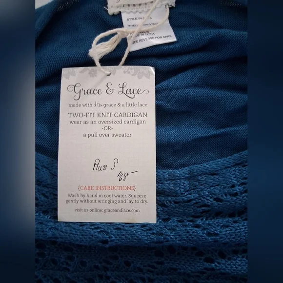 NWT Grace & Lace/ Teal Lace Knit Sweater/ Or Oversized Cardigan/ Size US L to 1X - Picture 8 of 11